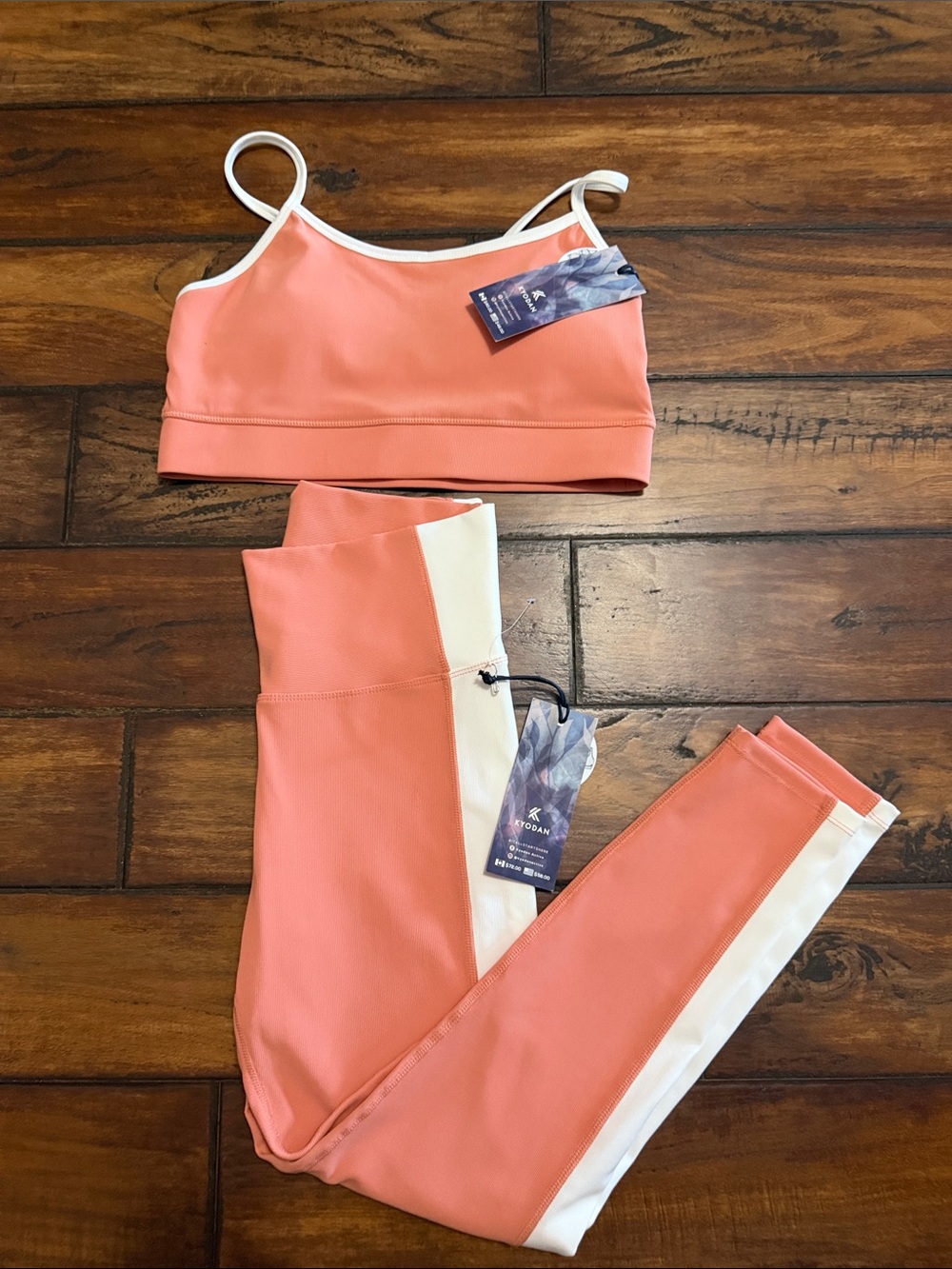 Kyodan NWT Coral and Cream  Leggings and Sports Bra Set